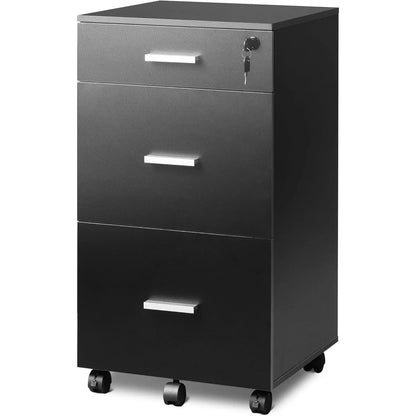 3 drawer rolling file cabinet with lock, wooden file cabinet suitable for letter/A4 size home office