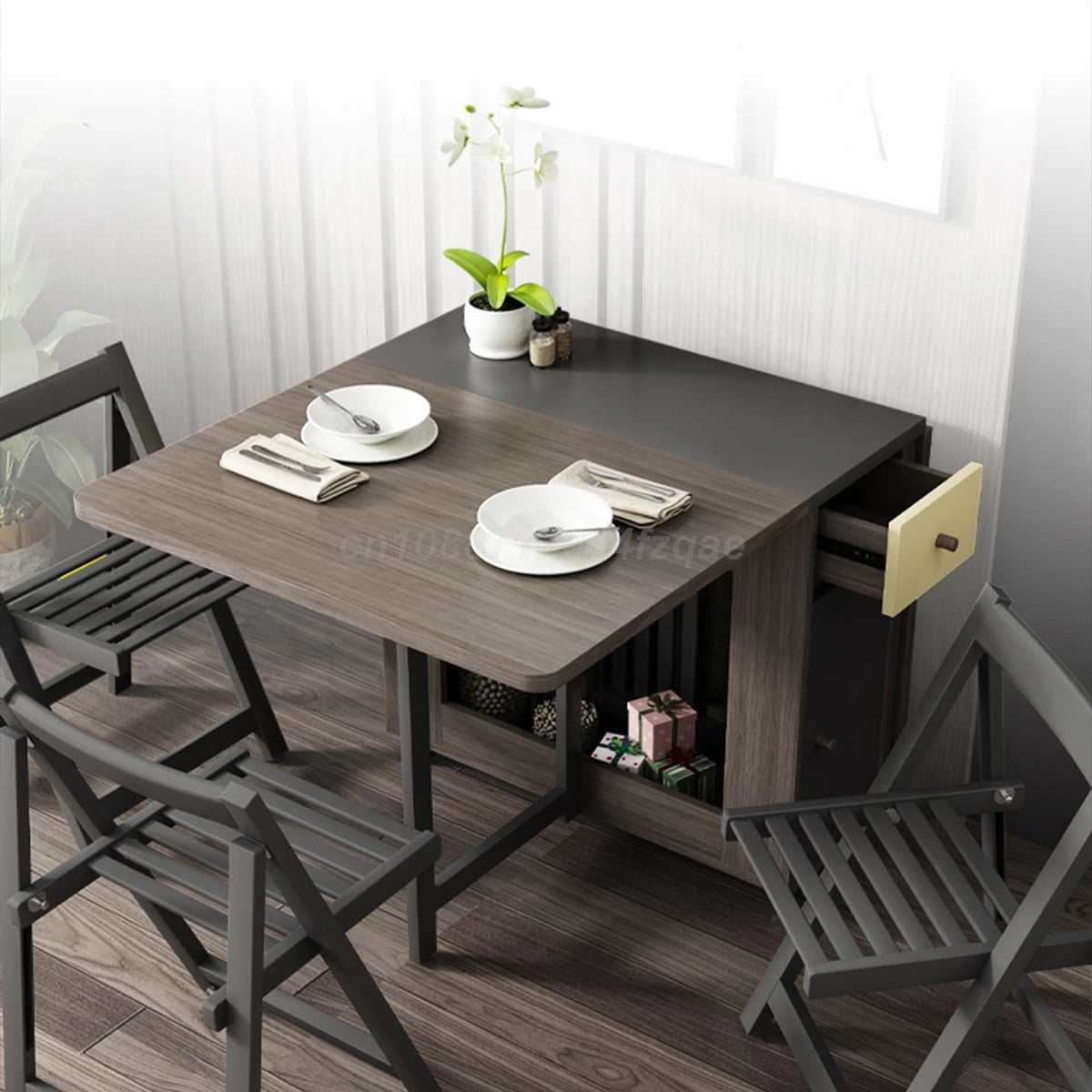 Folding Dining Table with Chairs, Ultra-Thin, Multi-Functional Combination, Multi-person Table, 0, 2, 4, 6