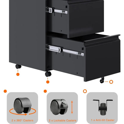 Archivador móvil de metal con 2 cajones y cerradura, archivador de acero para debajo del escritorio, archivador de tamaño legal de 25,6 pulgadas de alto