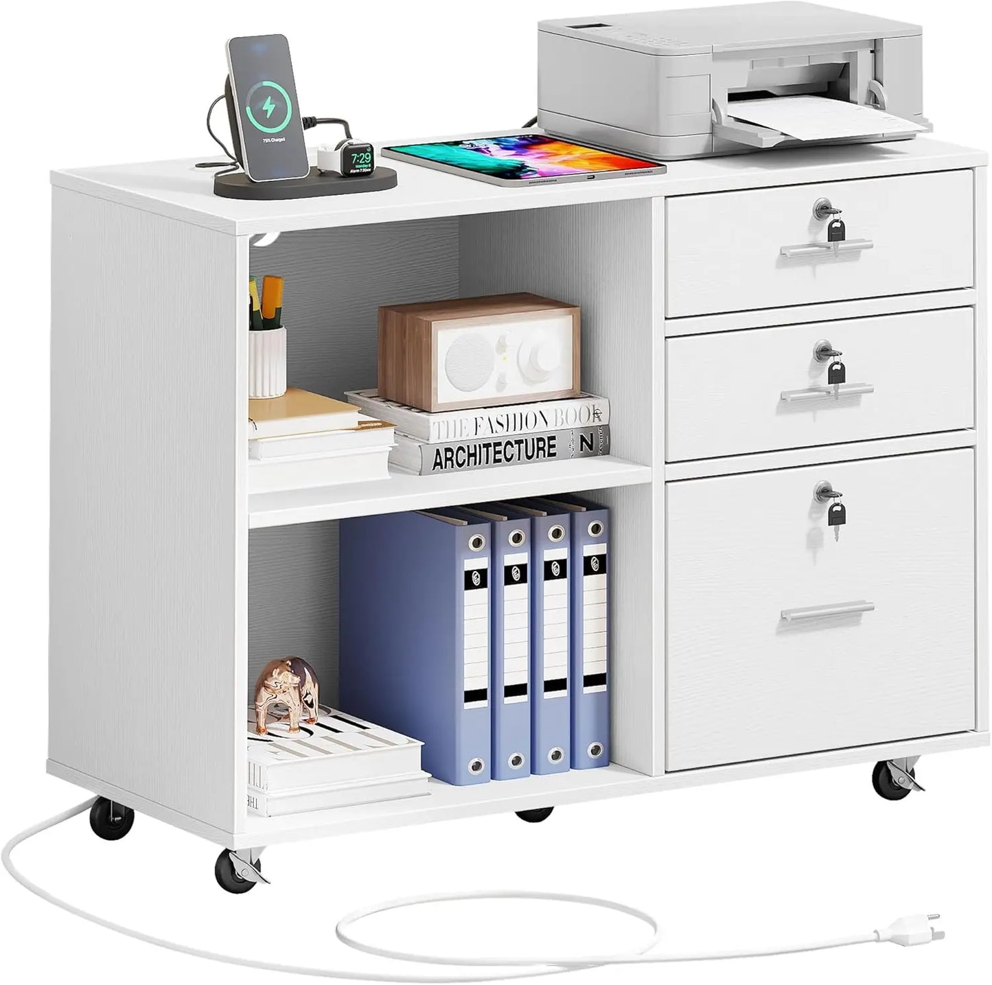 2 Drawer File Cabinet with Charging Station, Mobile Filing Cabinet with Lock, Grey