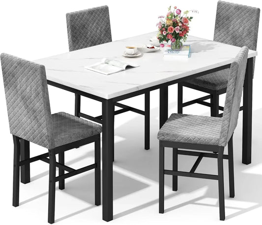 Ensemble de table à manger pour 4 personnes Ensemble de cuisine et de chaises Ensemble de salle à manger en faux marbre Ensemble de dîner avec 4 chaises rembourrées en velours