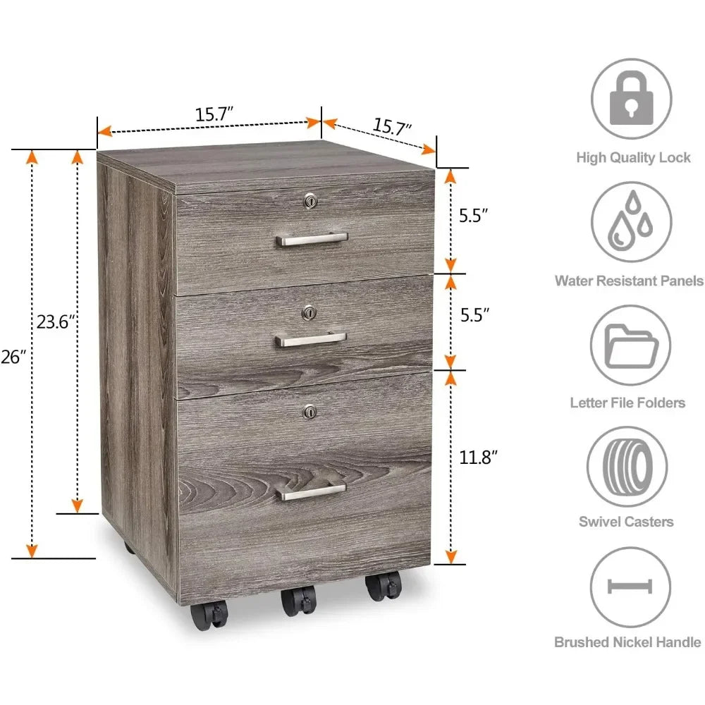 26"H 3 Drawer File Cabinet with Lock, Rolling File Cabinet Under Desk, Mobile for Home Office, Wood File Cabinet Printer Stand