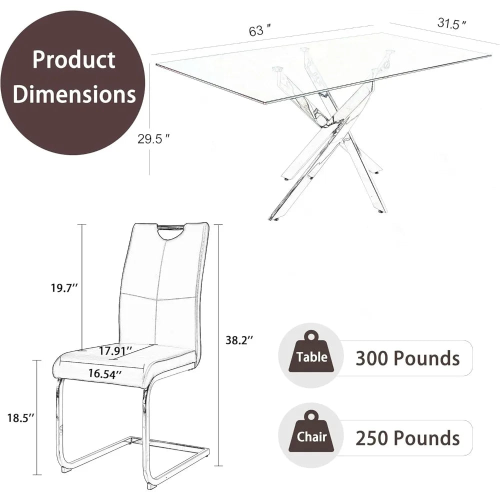 Juego de mesa de comedor para 6 personas, mesa moderna con tablero de vidrio templado y sillas de cuero sintético, juego de comedor de base plateada y color negro