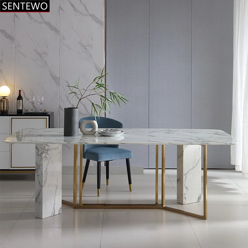 SENTEWO Ensemble de table à manger de cuisine et 6 chaises de luxe en marbre italien avec base en acier inoxydable doré