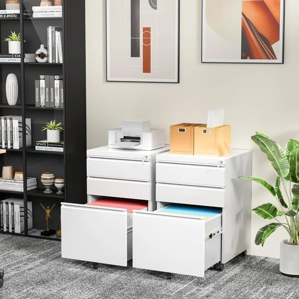 3 Drawer Filing Cabinet with Lock, Assembled White Mobile File Cabinet with Wheels, Rolling Small Metal Cabinets