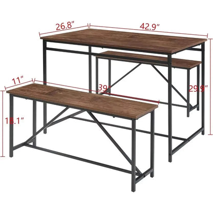 3 Piece Dining Room Table Set 43 Inch Kitchen Table with Two Benches Breakfast Table Top with Sew Kerf Finish Metal Frame Dining