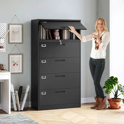 Classeur à 4 tiroirs avec étagère supérieure, latéral en métal avec serrure, 1 porte rabattable, solide et polyvalent pour armoire de bureau à domicile