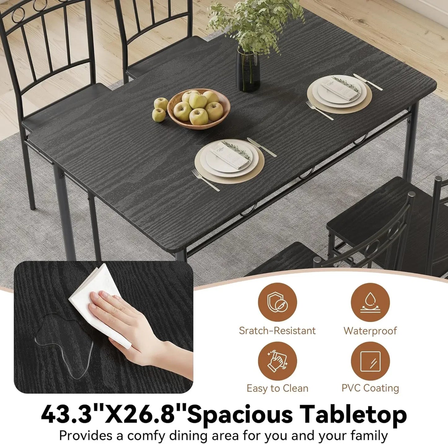 Juego de mesa de comedor para 4, mesa de cocina de 5 piezas y sillas, juego de mesa de comedor rectangular con 4 sillas, cocina que ahorra espacio