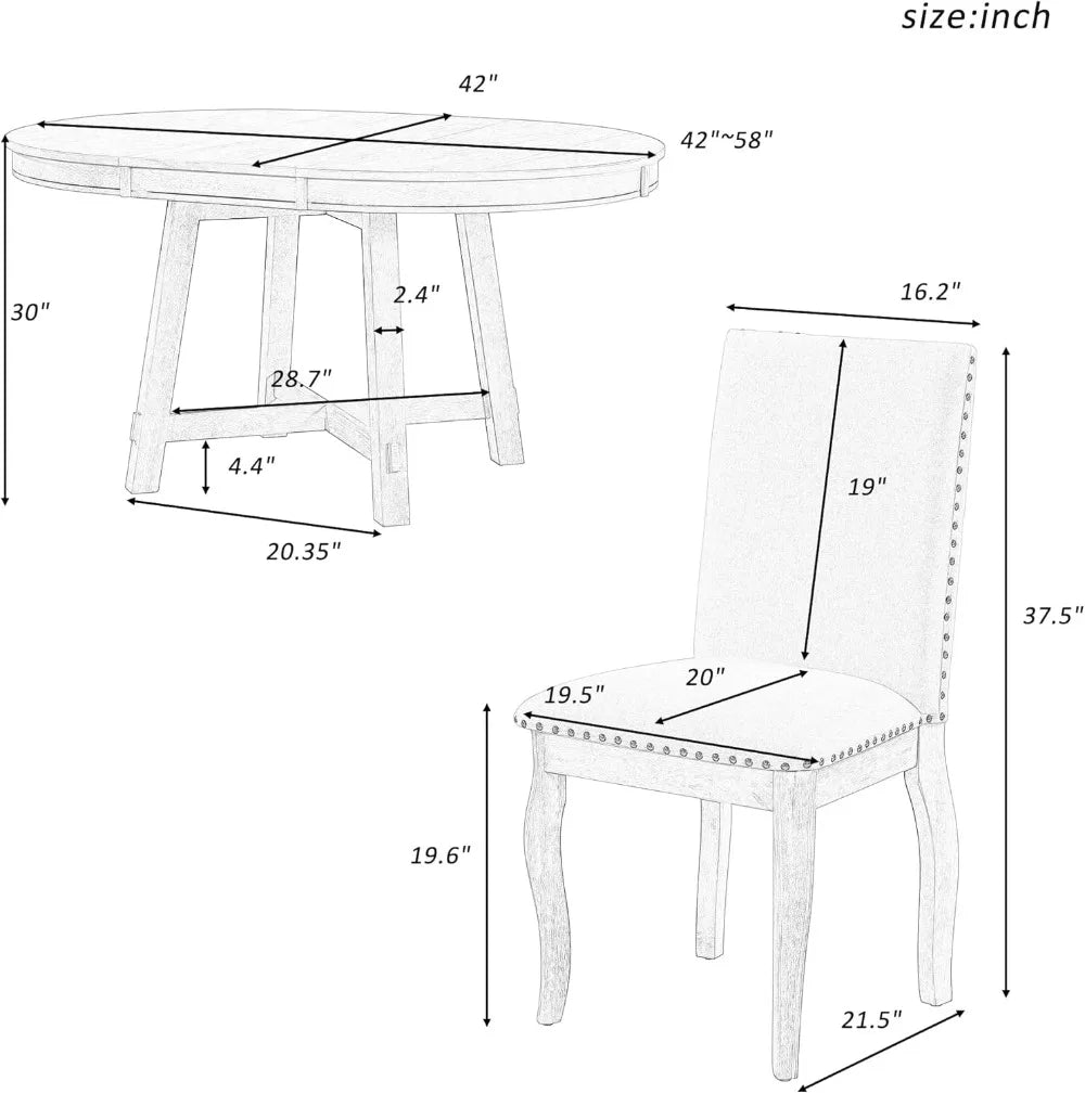 Juego de mesa de comedor de cocina redonda para 4, mesa de comedor extensible redonda de madera de granja de 5 piezas y 4 sillas de comedor tapizadas