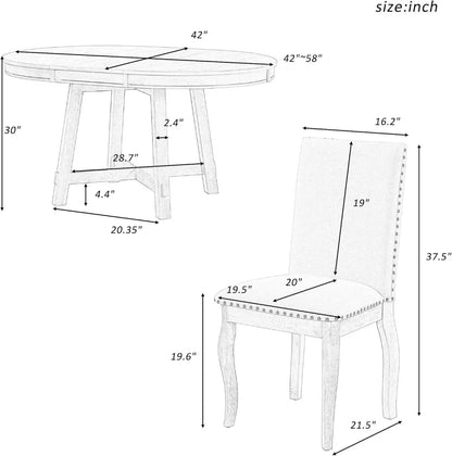 Juego de mesa de comedor de cocina redonda para 4, mesa de comedor extensible redonda de madera de granja de 5 piezas y 4 sillas de comedor tapizadas