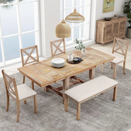 Juego de mesa de comedor para 6 personas, mesa de comedor rectangular con 4 sillas tapizadas y un banco, juego de sillas de mesa de cocina de madera