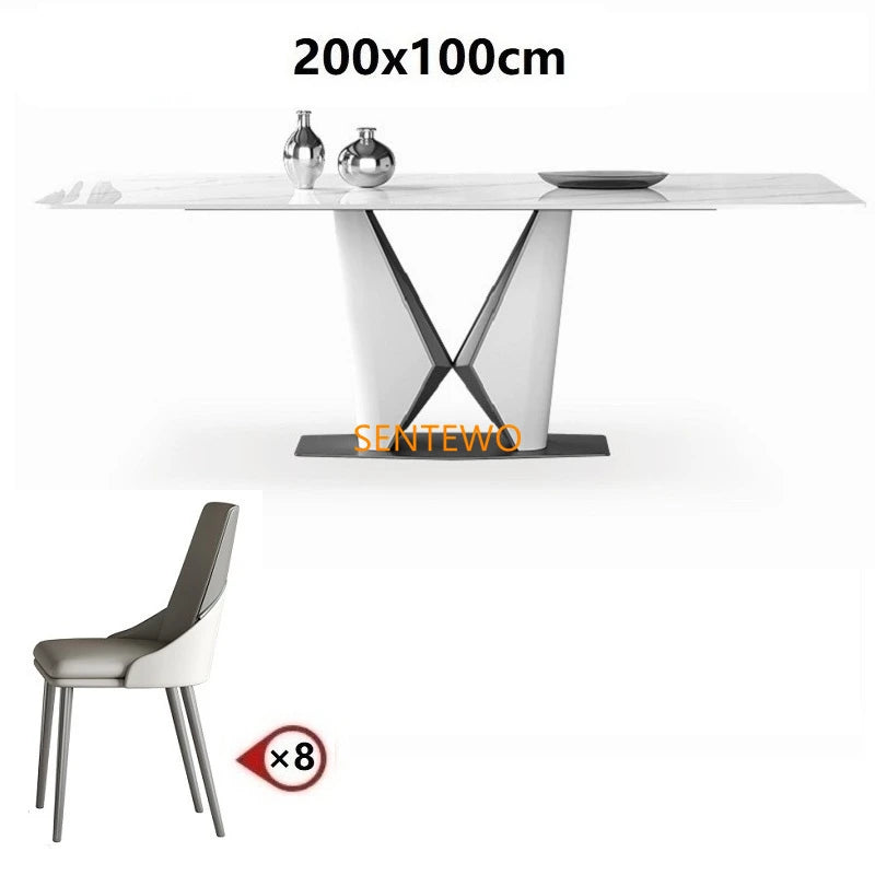 Juego de mesa de comedor de lujo con losa de mármol y 8 sillas, mesa de comedor de mármol, mesa de comedor de acero inoxidable con base dorada