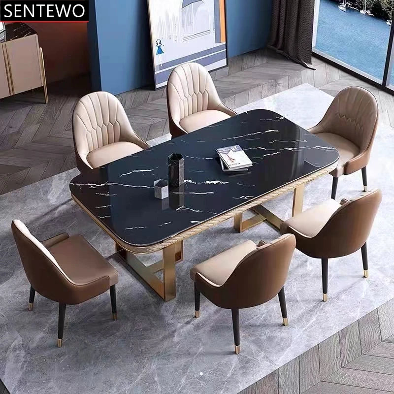 SENTEWO Ensemble de table à manger de cuisine en marbre de luxe italien avec chaise et cadre doré en acier inoxydable Mesa Com 6 Cadeiras