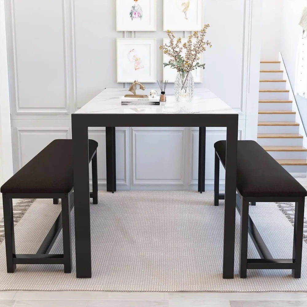 Ensemble de table de salle à manger avec 2 bancs, ensemble de table à manger pour 4 à 6 personnes, ensemble de table de petit-déjeuner en faux marbre et revêtement en cuir PU