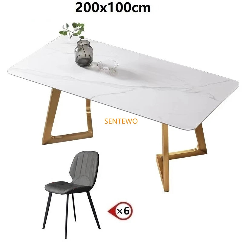 SENTEWO Luxury Rock Slab Kitchen Dining Table With Chair Set Stainless Steel Gold Base Faux Marble Top Table Mesa Com 6 Cadeiras