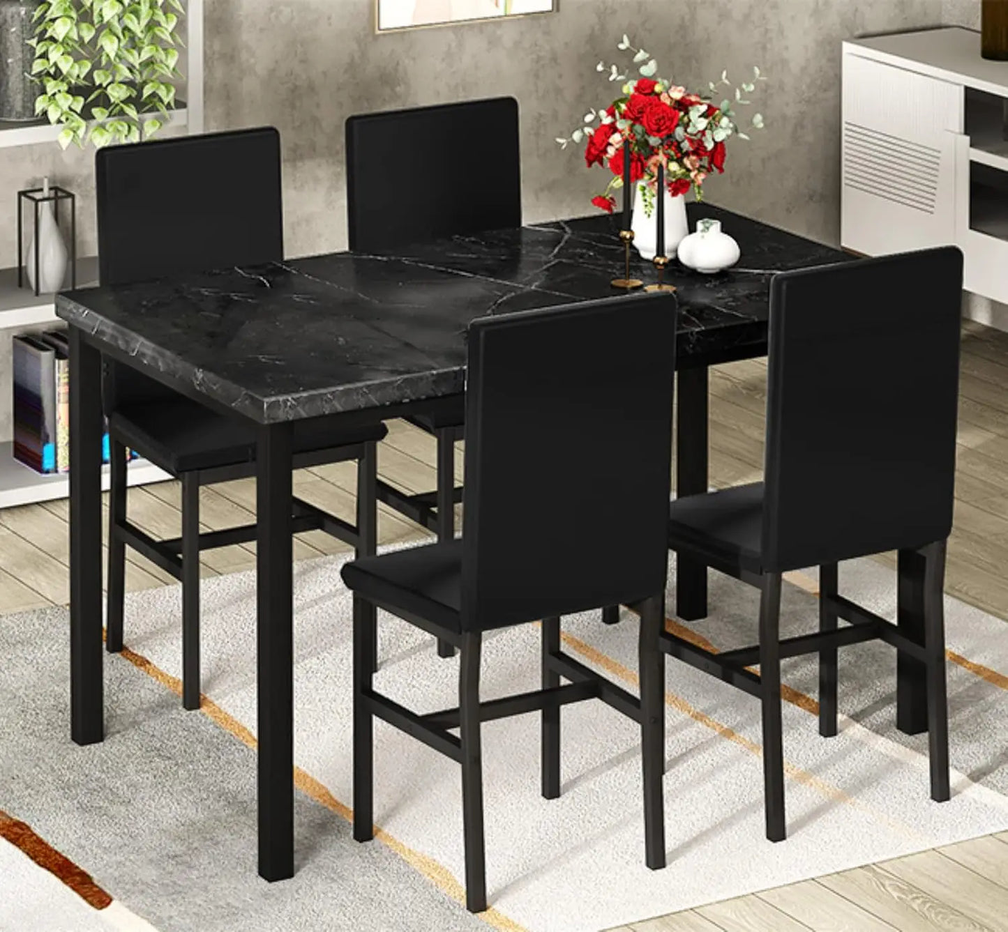 Table à manger en faux marbre noir avec 4 chaises rembourrées, ensemble de salle à manger 5 pièces pour petit espace, table de petit-déjeuner et bar