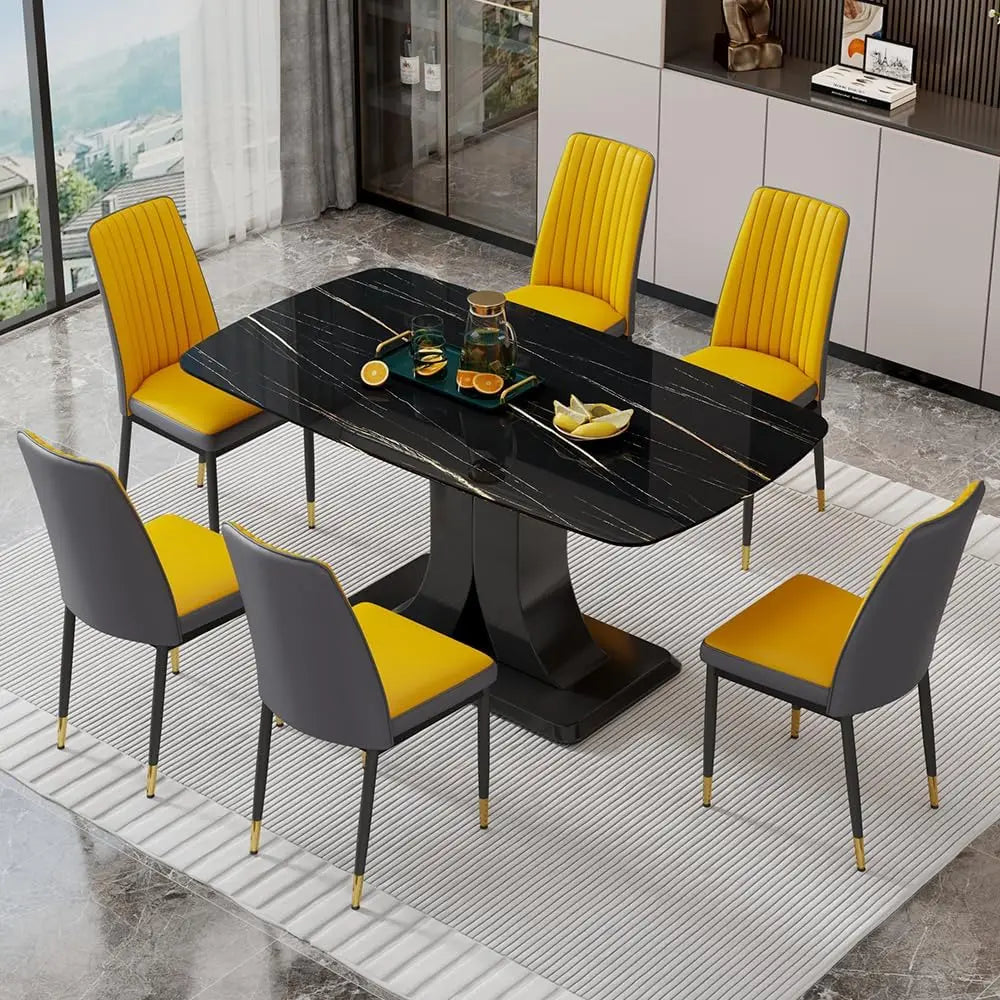 Juego de mesa de comedor moderno para 6 personas, juego de mesa y sillas de mármol para 6 personas, mesa rectangular con 6 sillas acolchadas de cuero sintético