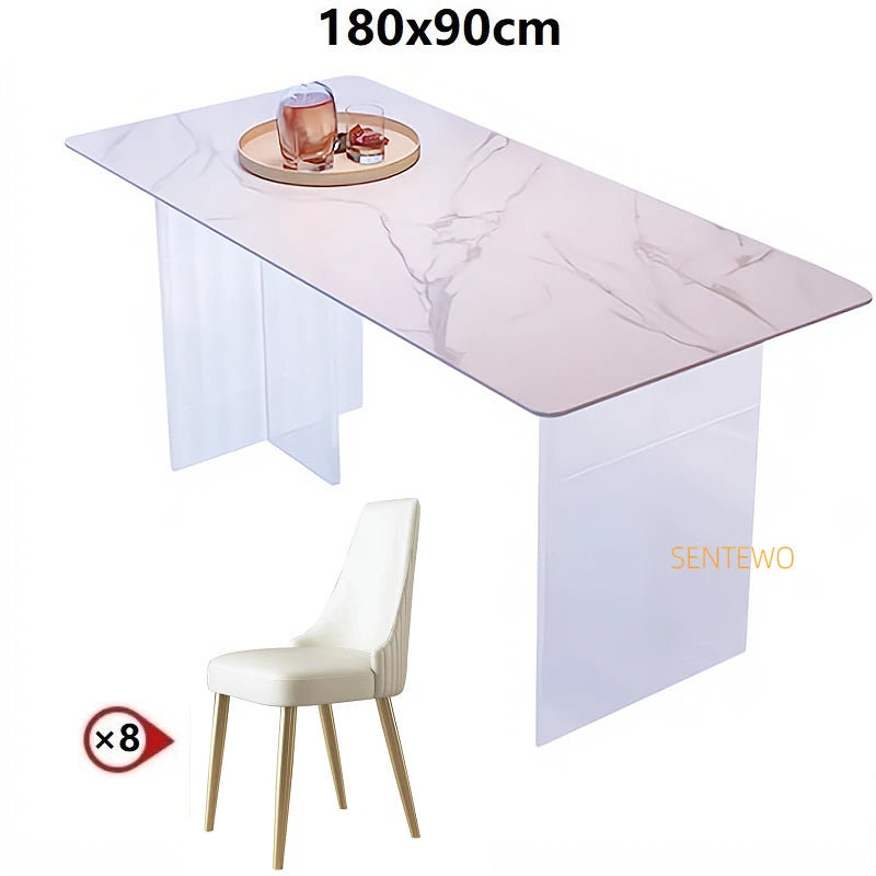 SENTEWO Free Shipping Marble Top Dining Table Set 4 Chairs Suspended Transparent Acrylic Base Tables Kitchen Home Furniture