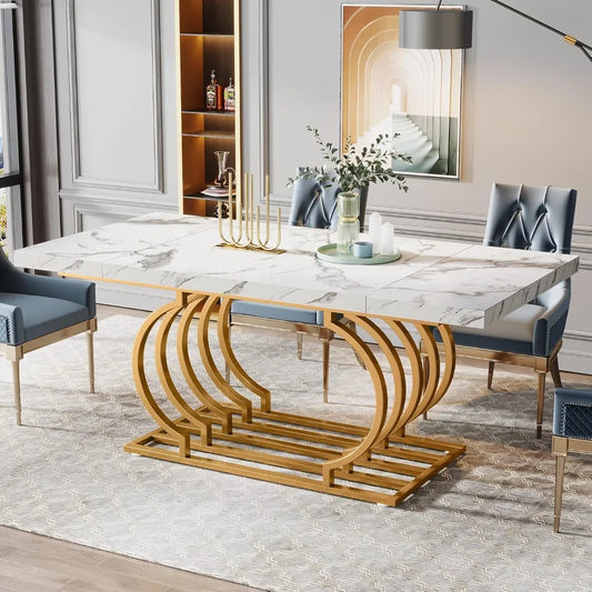 Mesa de comedor moderna, mesa de cocina de madera de imitación de mármol de 63 pulgadas para 6 personas, mesa de comedor rectangular con marco geométrico