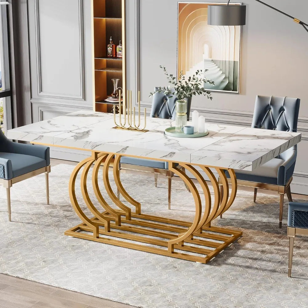 Modern Dining Table, 63 inch Faux Marble Wood Kitchen Table for 6 People, Rectangular Dinner Room Table with Geometric Frame