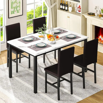 Juego de mesa de comedor para 4, juego de 4 sillas de cocina modernas, juego de mesa de comedor de mármol sintético para 4 que ahorra espacio de 5 piezas