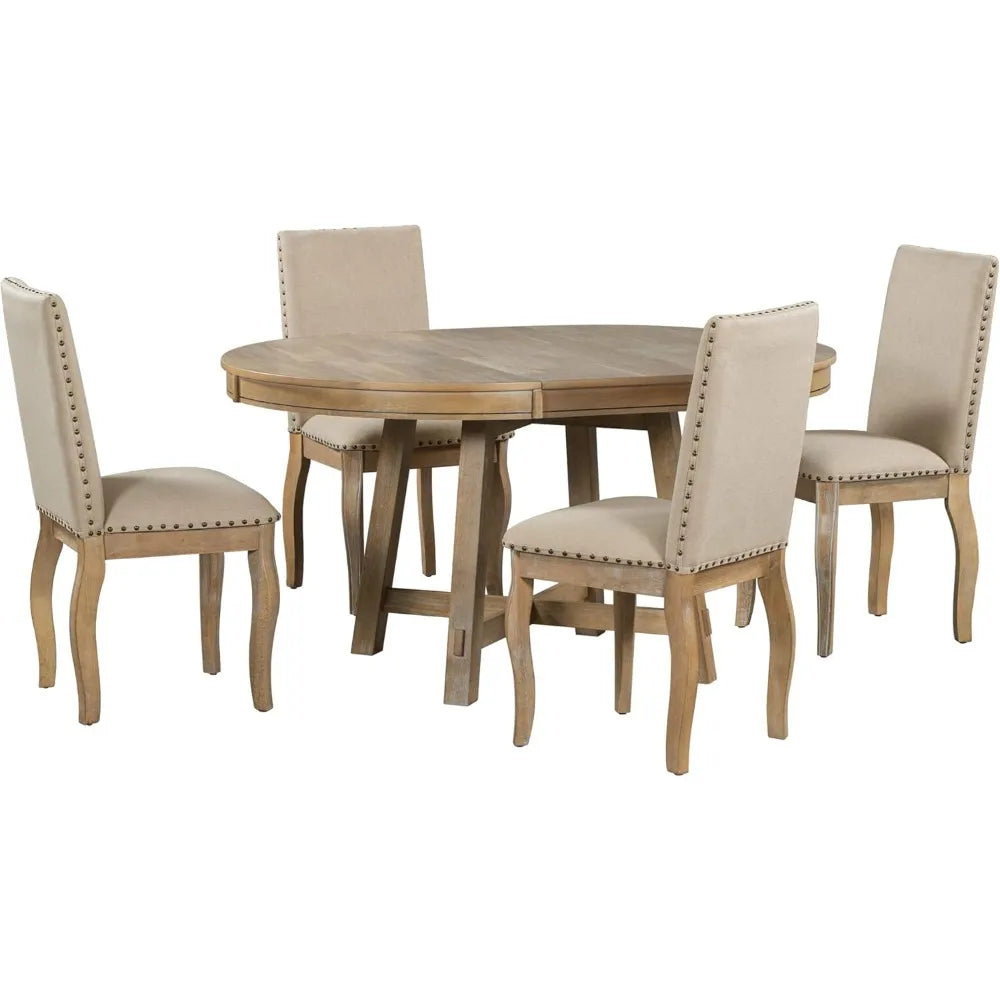 Ensemble de table à manger extensible en bois avec table ronde et chaises rembourrées pour 4 à 6 personnes, ensemble de table à manger ronde 5 pièces