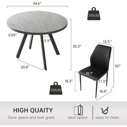 Round Dining Table Set for 4 Modern Casual Coffee Table Set for Kitchen, Living Room Space Saving Dining Table + 4 Black Chairs