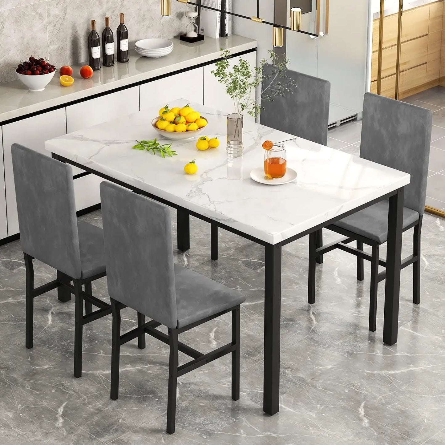 Juego de mesa de comedor para 4, juego de mesa de comedor de 5 piezas de mármol con 4 sillas con marco de metal de terciopelo para cocina, bar, sala de estar