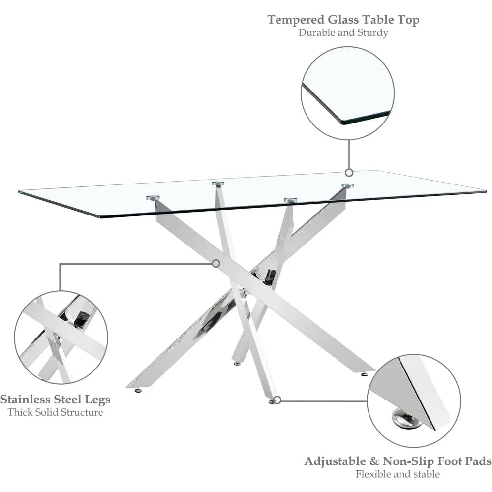 Juego de mesa de comedor para 6 personas, mesa moderna con tablero de vidrio templado y sillas de cuero sintético, juego de comedor de base plateada y color negro