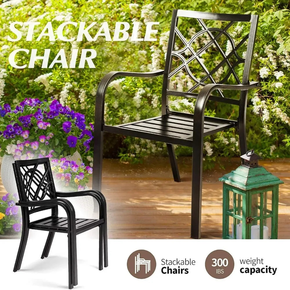 Ensemble de meubles de salle à manger pour patio avec chaises et table en fer forgé pour extérieur - Chaises en métal empilables, table de bistrot à lattes en acier pour jardin