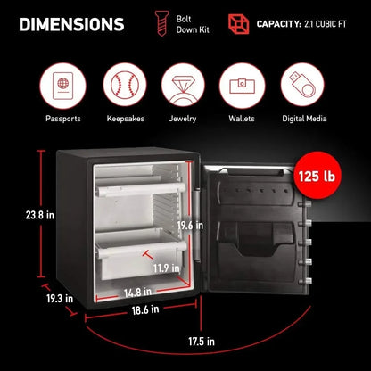 La combinación de dial es una caja de archivo ignífuga de 2,0 pies cúbicos y una caja fuerte impermeable.