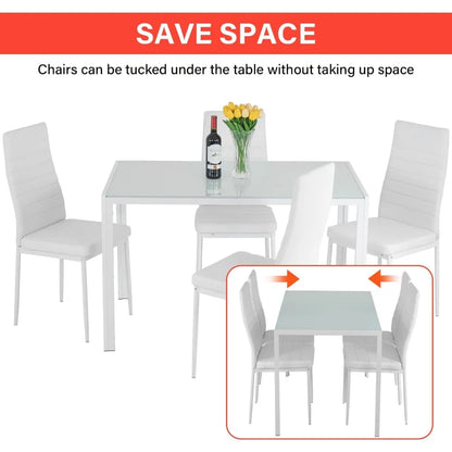 Juego de Mesa de Comedor Cristal para Espacios Pequeños Mesa de Cocina y Sillas para 4 Muebles para el Hogar Rectangular Moderna, Cristal Blanco