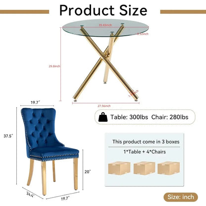 Ensemble de table à manger pour 4 personnes, table à manger en verre de 36 po avec pieds croisés en métal, 4 chaises rembourrées en velours, ensemble de salle à manger 5 pièces