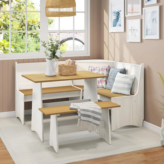 3 Piece Dining Table Set, Corner Breakfast Corner Set with Bench and Corner Seating, Space-Saving Kitchen Table for 4-6 People