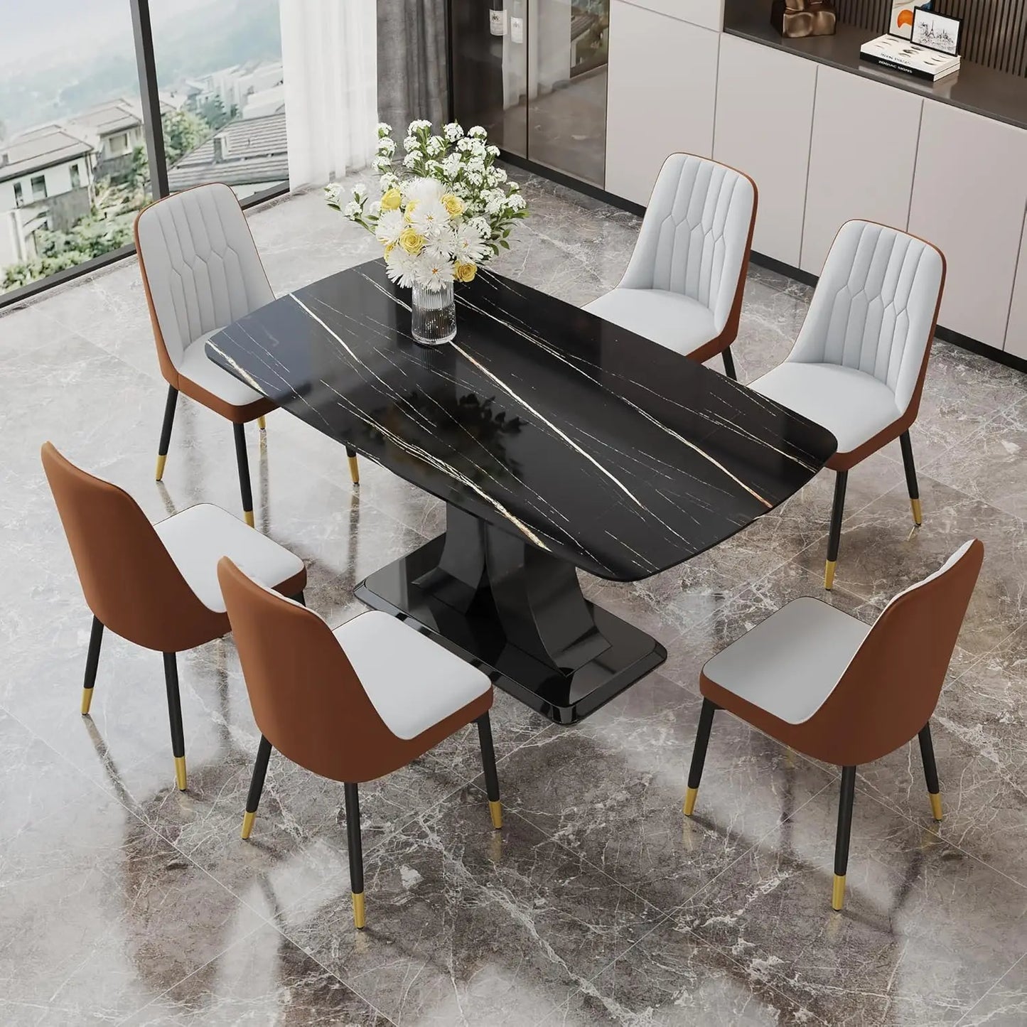 Juego de mesa de comedor moderno para 6 personas, juego de mesa y sillas de mármol para 6 personas, mesa rectangular con 6 sillas acolchadas de cuero sintético