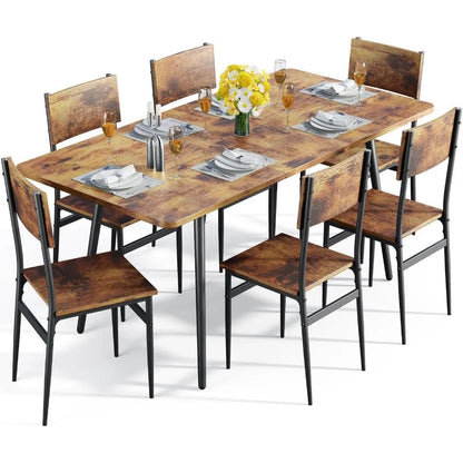 Juego de mesa de comedor extensible Qsun de 63" para 4 a 6 personas, juego de mesa de comedor de 7 piezas, juego de mesa de cocina rústica marrón para espacios pequeños