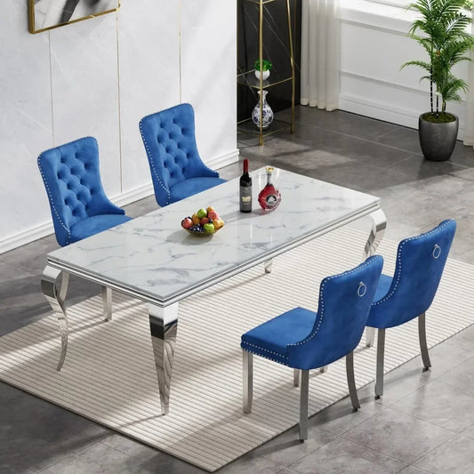 Ensemble de table à manger pour 4 personnes, tables à manger en faux marbre de 70 po avec piédestal en acier inoxydable, 4 chaises rembourrées, ensemble de salle à manger