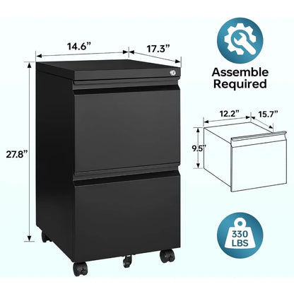 2 Drawer File Cabinet on Wheels, Home Office Mobile Under Desk with Lock, Vertical Files Drawers for Legal/Letter/A4