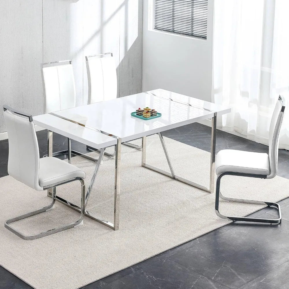 Ensemble de table à manger pour 4 personnes, table de cuisine rectangulaire en MDF blanc et chaises de salle à manger en cuir, ensemble de 4, ensemble de table à manger 5 pièces