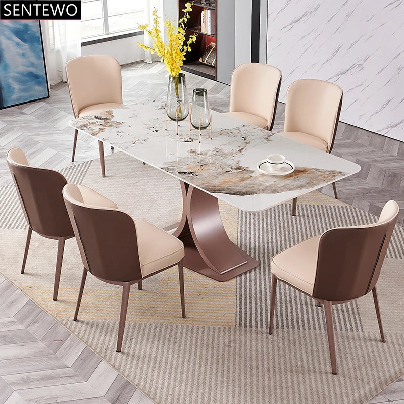 Mesa de comedor de lujo SENTEWO con losa de roca y silla de acero inoxidable con base de oro rosa y mármol sintético, muebles para cocina