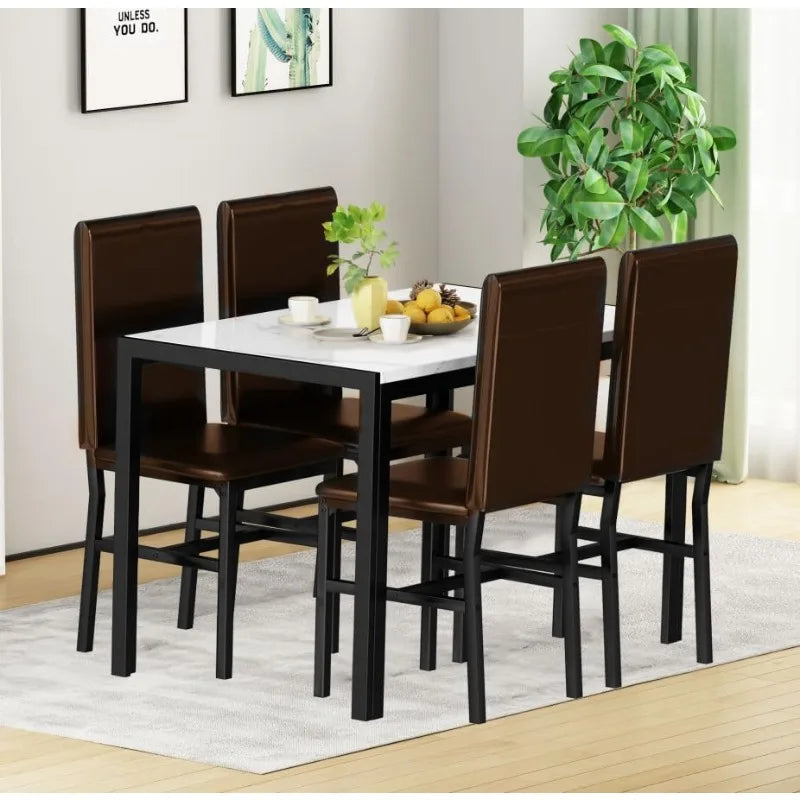 Juegos de mesa de comedor para 4, juego de mesa y sillas de cocina de 5 piezas de imitación de mármol para 4 personas, mesa de comedor moderna de 47" y cuero de PU