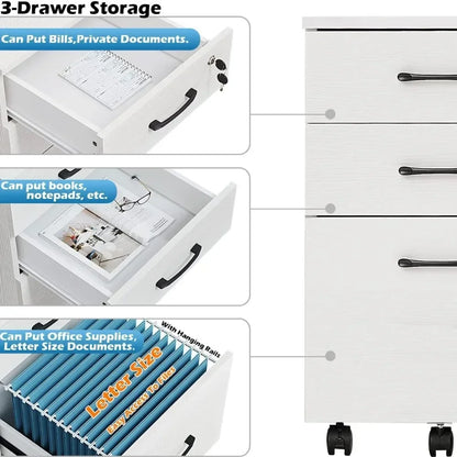 3 Drawer Wood Mobile File Cabinet, Under Desk Storage Drawers Small File Cabinet for Home Office (White)