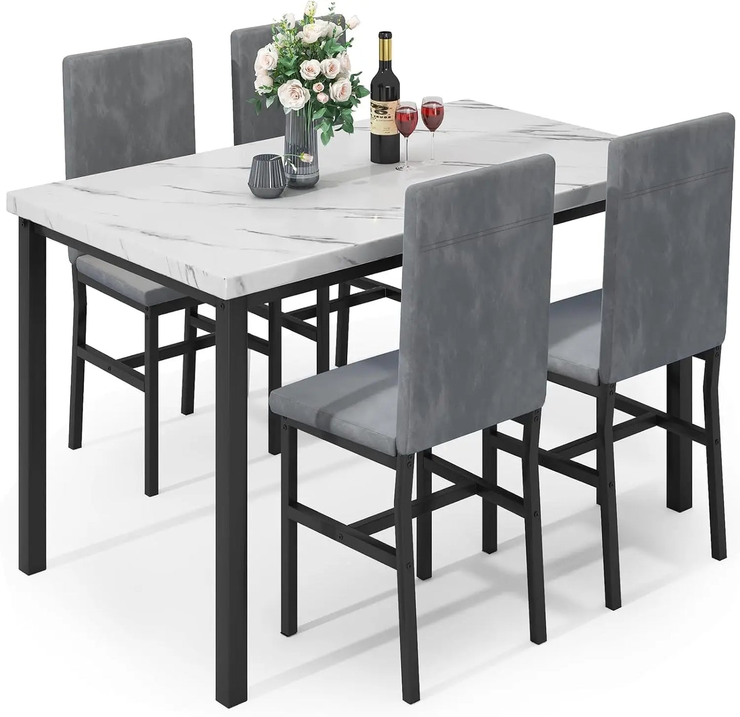 Ensemble de table à manger pour 4 personnes, ensemble de table et de chaises de cuisine moderne de 4 pièces, ensemble de table de salle à manger peu encombrante de 5 pièces avec plateau en faux marbre