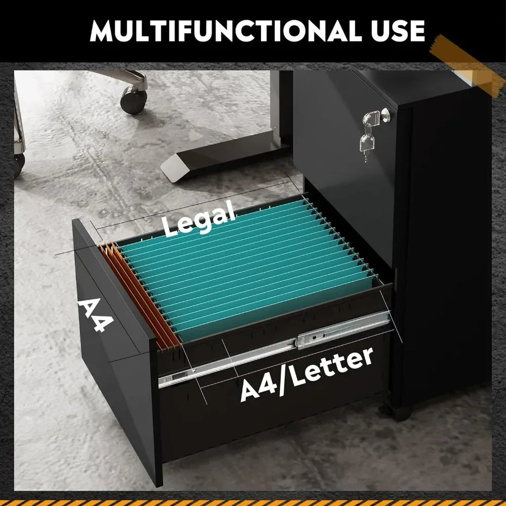 2-Drawer Mobile File Cabinet with Lock, Commercial Vertical Cabinet in Black, for each drawer (letter, legal and A4 size)