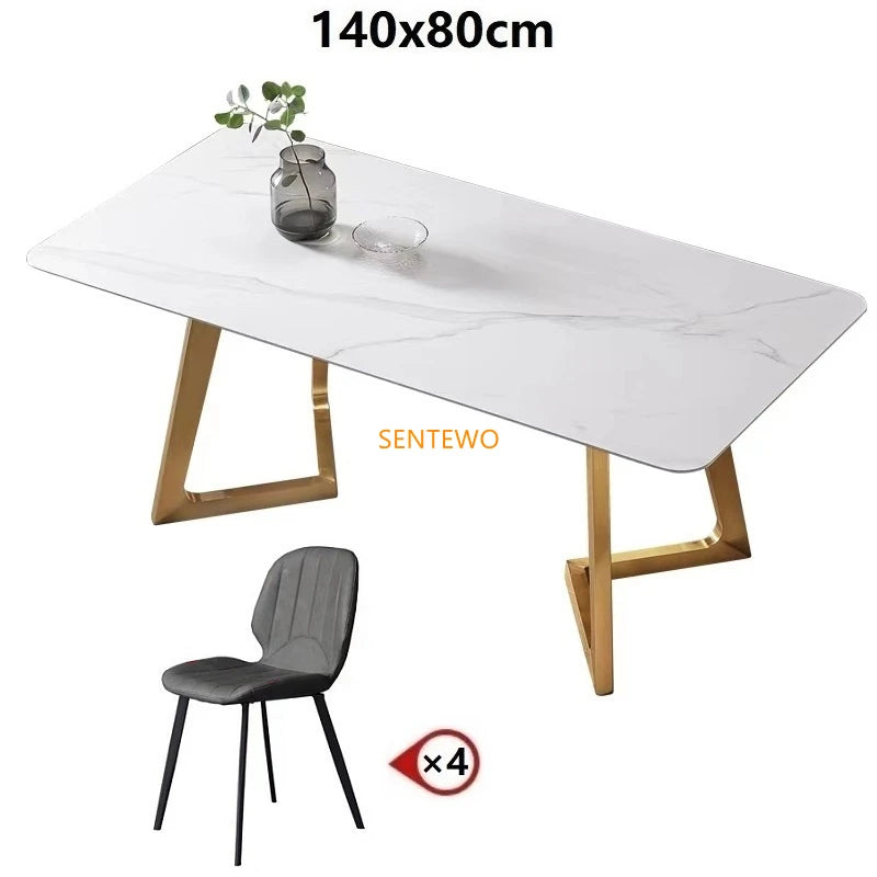 SENTEWO Luxury Rock Slab Kitchen Dining Table With Chair Set Stainless Steel Gold Base Faux Marble Top Table Mesa Com 6 Cadeiras