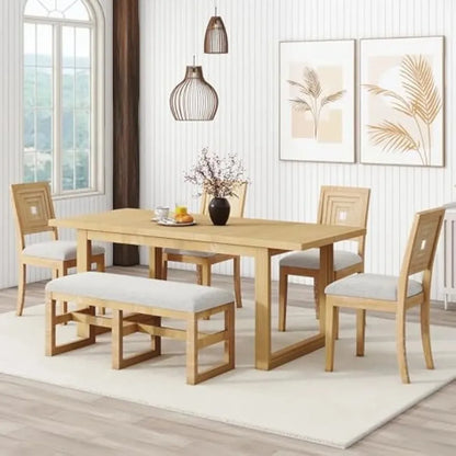 Modern 78inch 6-Piece Extendable Table Set, 4 Upholstered Chairs and Dining Bench, 18" Butterfly Leaf, Natural