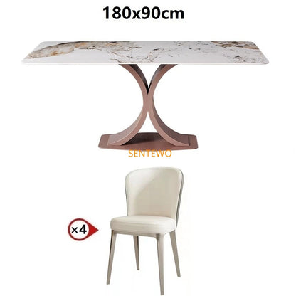 Mesa de comedor de lujo SENTEWO con losa de roca y silla de acero inoxidable con base de oro rosa y mármol sintético, muebles para cocina