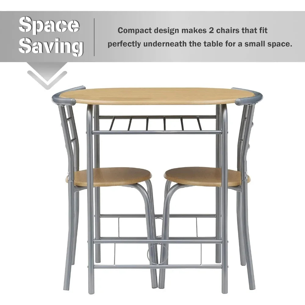 3 Piece Small Round Dining Table Set for Kitchen Breakfast Nook, Wood Grain Tabletop with Wine Storage Rack, Save Space, 31.5"