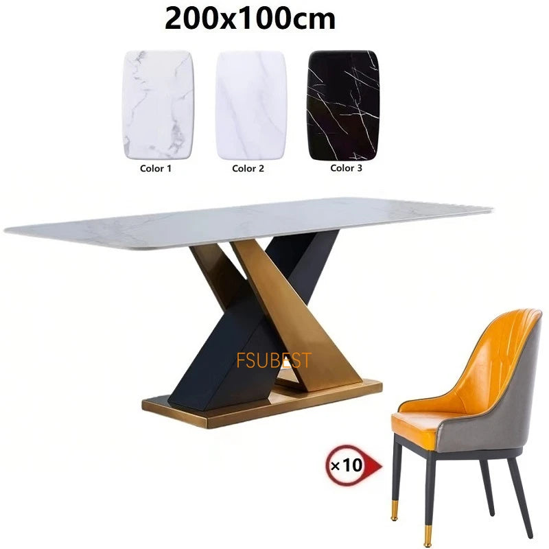 Mesa de comedor y sillas de lujo modernas para 8 personas, mesa de comedor rectangular de acero inoxidable y mármol