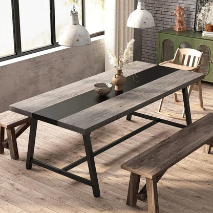 Juego de mesa de comedor. Mesa de comedor para 8 personas, mesa de cocina rectangular de madera de 70,87 pulgadas con marco de metal, mesa industrial grande y larga